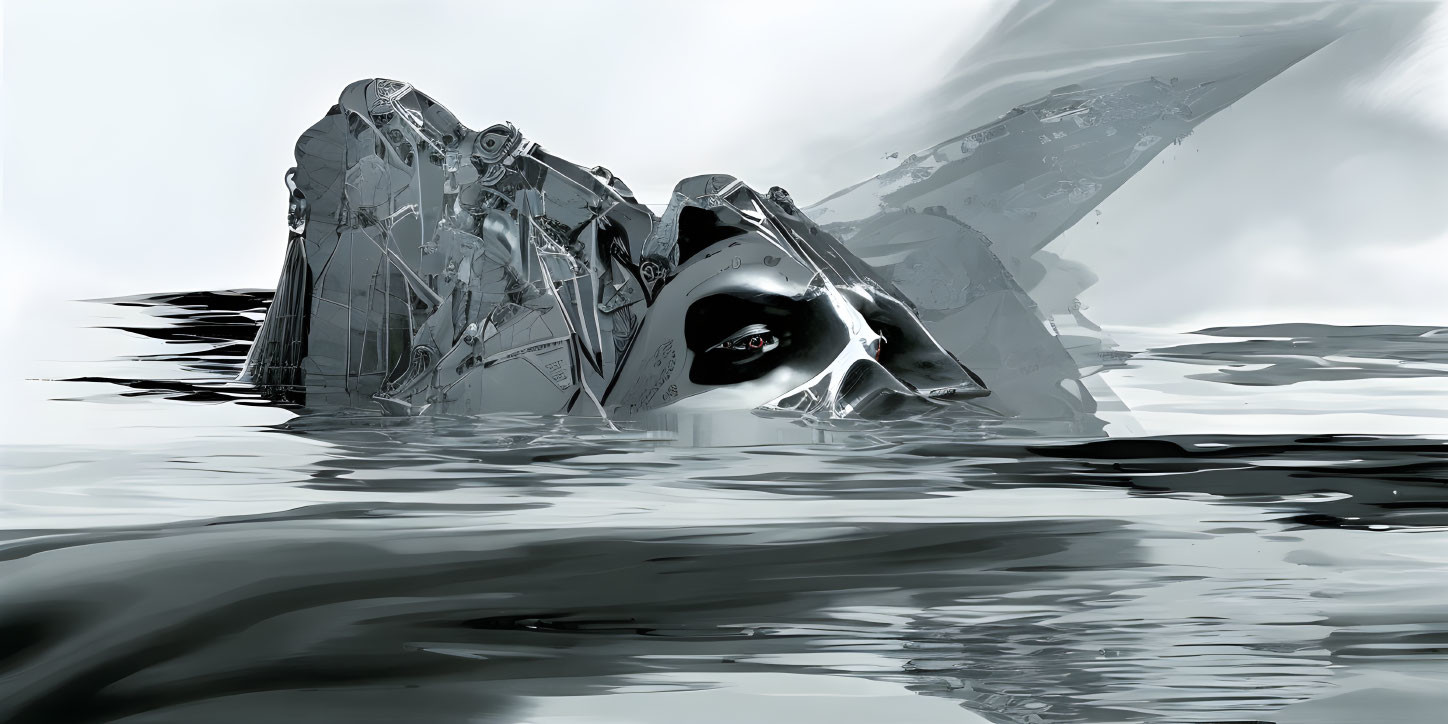 Futuristic robotic head in water among icebergs with reflective surface