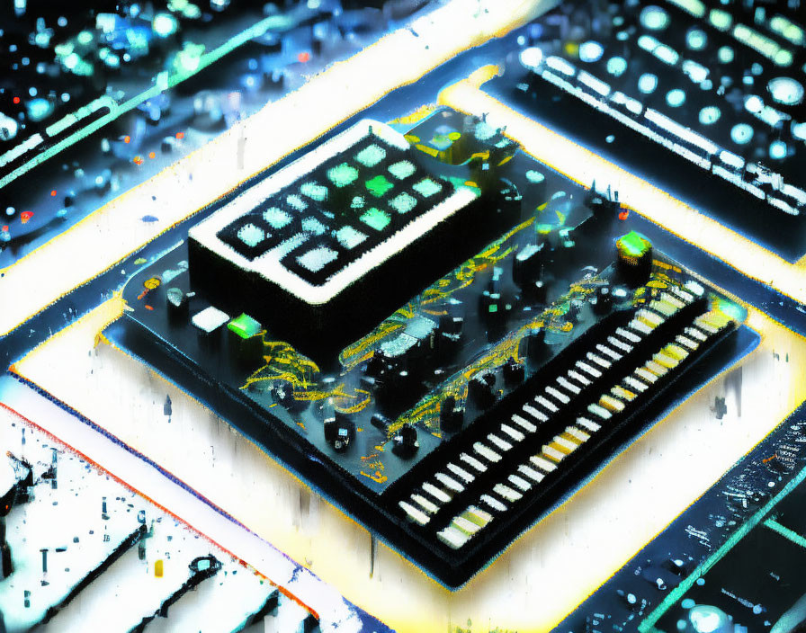 Digital Illustration of Circuit Board with Microchip and Glowing Electronics