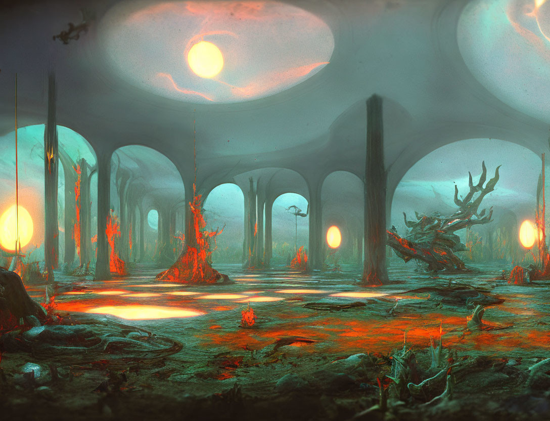 Majestic hall with towering pillars, glowing orbs, eerie trees, and mist under luminous sky