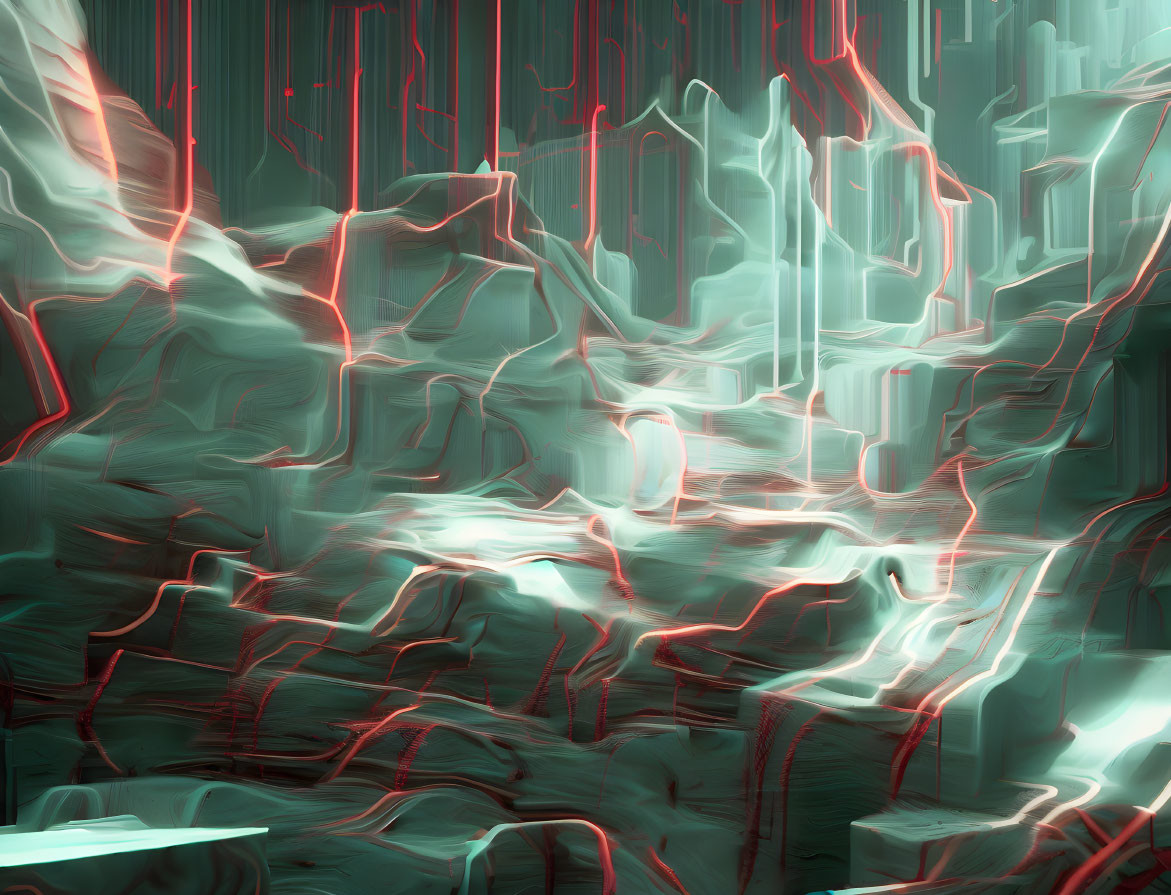 Luminous abstract digital artwork with neon-like lines depicting flowing landscape