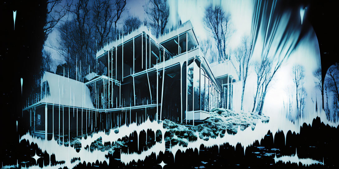 Inverted-color forest scene with transparent geometric house in surreal setting