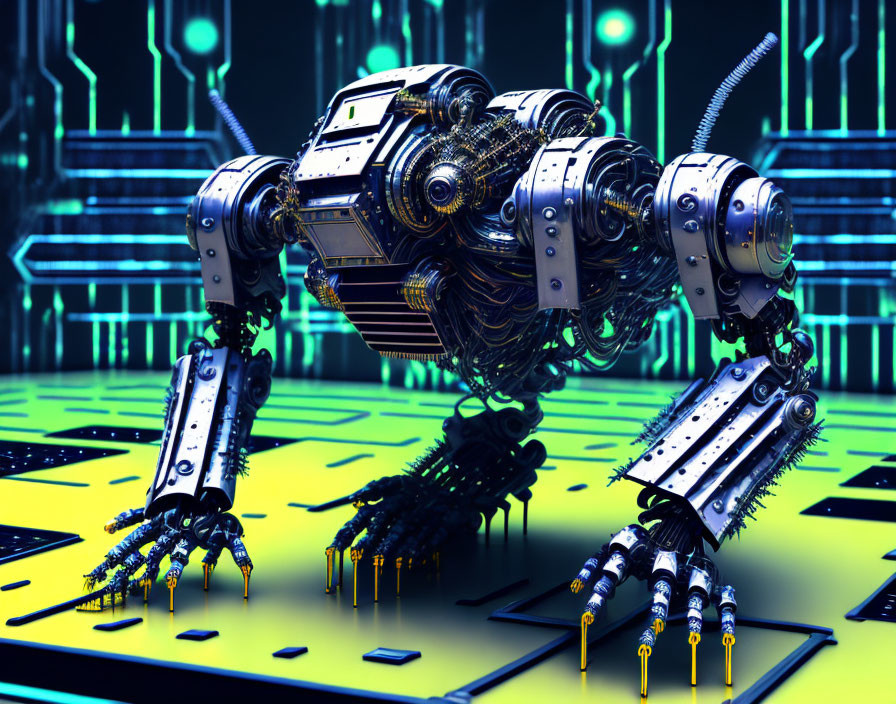 Detailed Futuristic Robot Surrounded by Neon Blue Circuitry