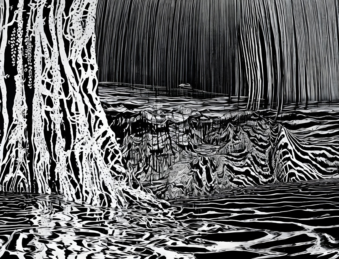 Abstract Monochrome Illustration: Fluid Water Cascade with Intricate Patterns