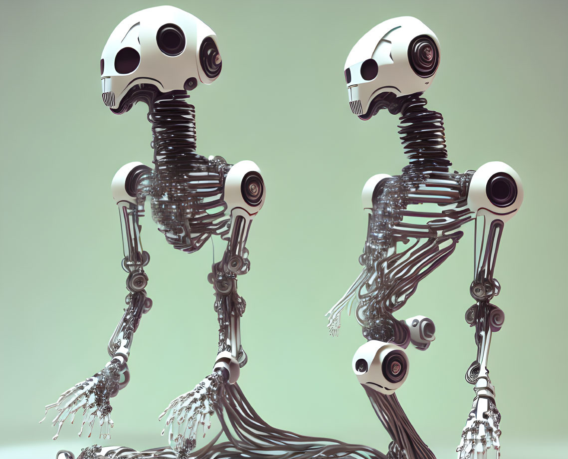 Futuristic skeletal robots with skull-like heads and exposed wiring on green backdrop