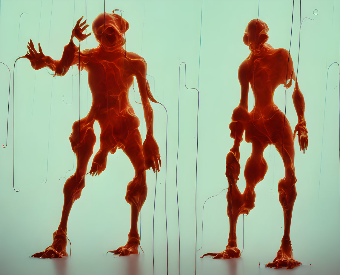 Dynamic humanoid figures with molten lava texture on teal background.