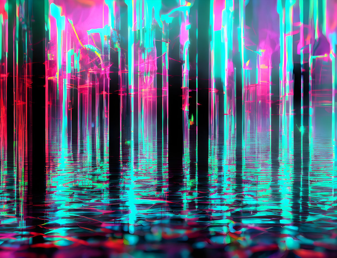 Neon abstract shapes on glossy surface: Futuristic digital artwork