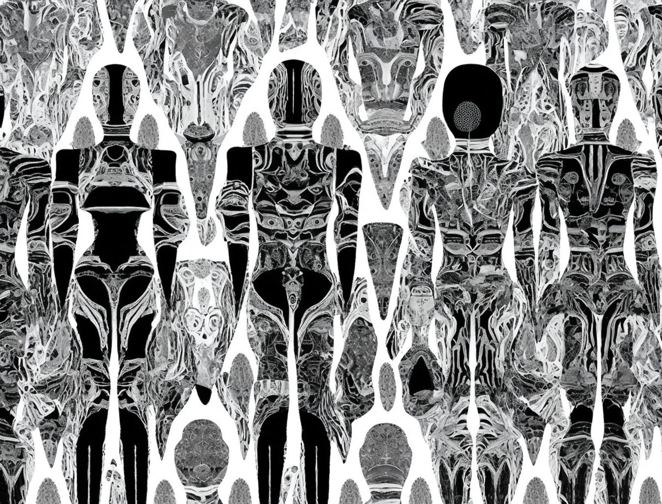 Monochromatic abstract image of silhouetted figures with intricate patterns