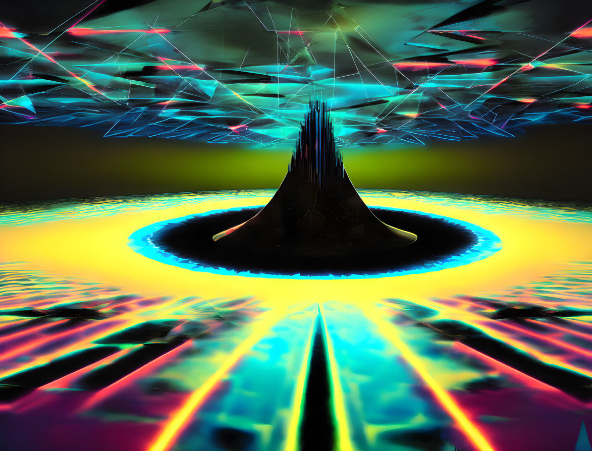 Colorful halo around central spire on mirrored surface with geometric shapes in abstract digital art