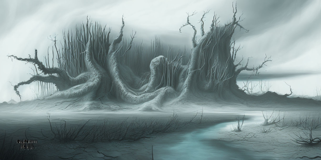 Monochromatic landscape with twisted trees under cloudy sky