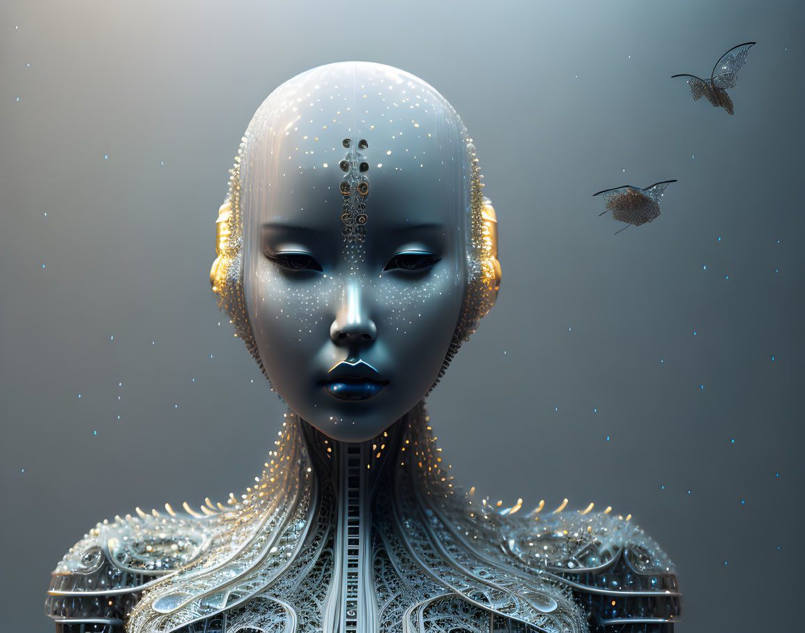 Futuristic ornate android with serene expression and butterflies on soft background