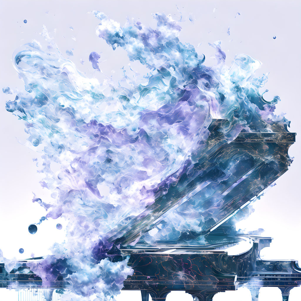 Grand piano disintegrating into blue and purple smoke on light background with classical architecture.