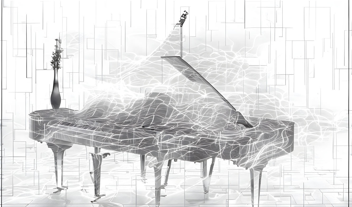 Grand Piano Artwork with Reflective Surface and Light Patterns on Abstract Geometric Background