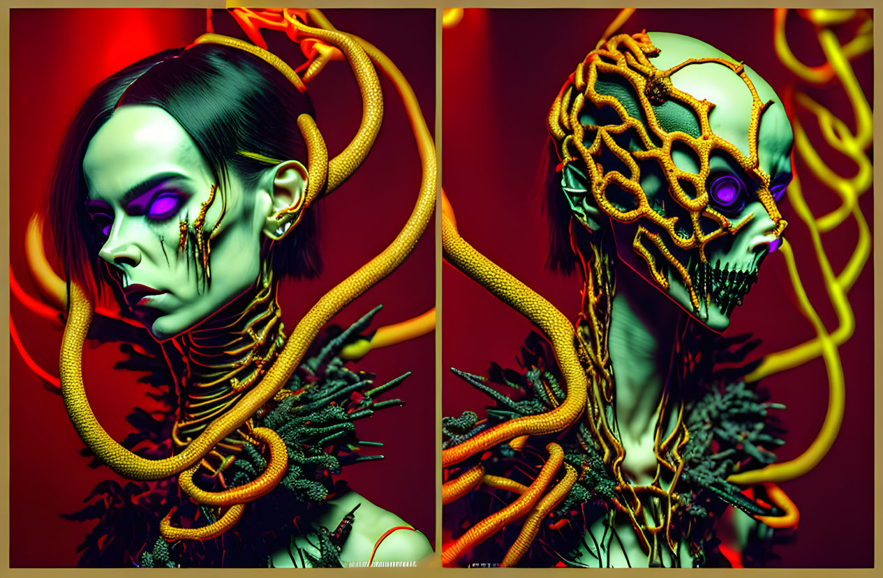 Stylized portraits of humanoid figure with snake-like features and robotic face.