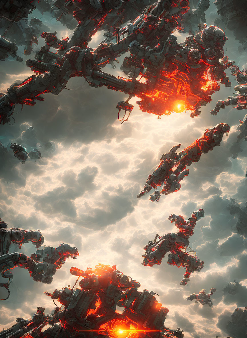 Futuristic robots with glowing red cores in cloudy sky