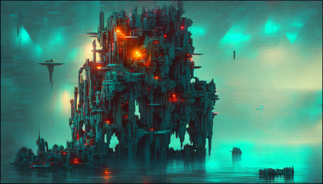 Futuristic neon-lit cityscape with towering structures and flying crafts