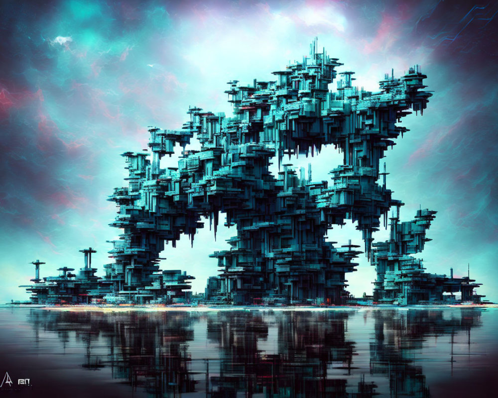 Futuristic fractal structure on reflective water under dramatic sky