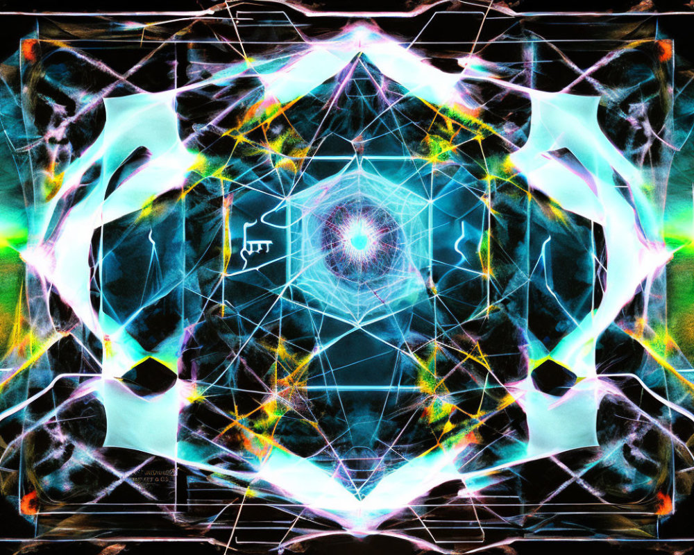 Symmetrical Abstract Digital Art: Vibrant Neon Colors, Geometric Shapes, Electric Lines