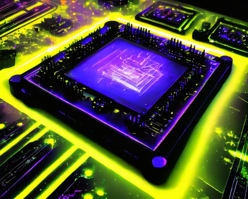 Colorful Close-Up of Glowing Computer Processor Circuitry