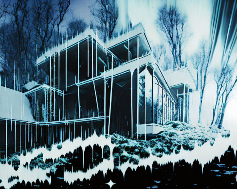 Inverted-color forest scene with transparent geometric house in surreal setting