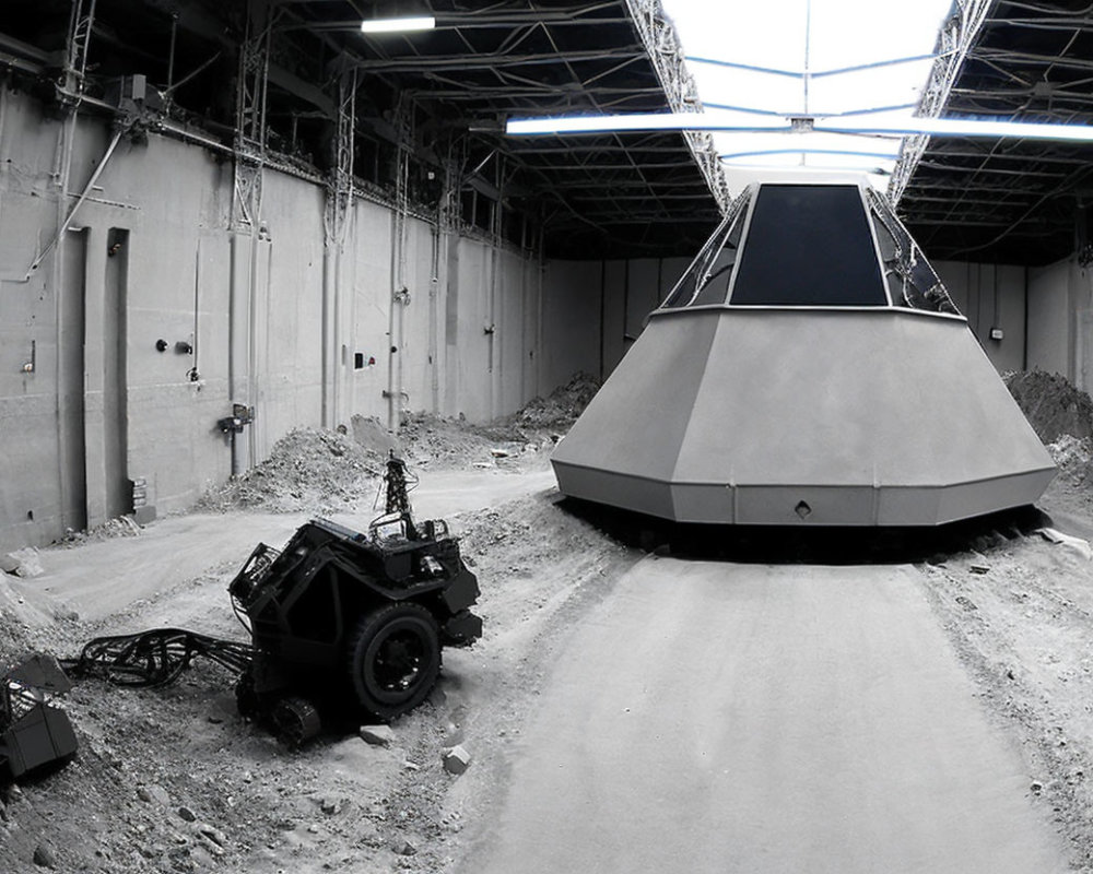 Metallic pyramid structure with robotic vehicle in industrial warehouse