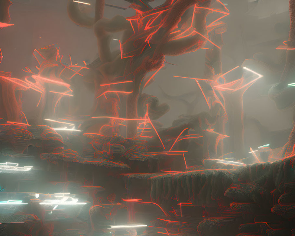 Neon-lit surreal landscape with red tree-like structures and misty rock formations