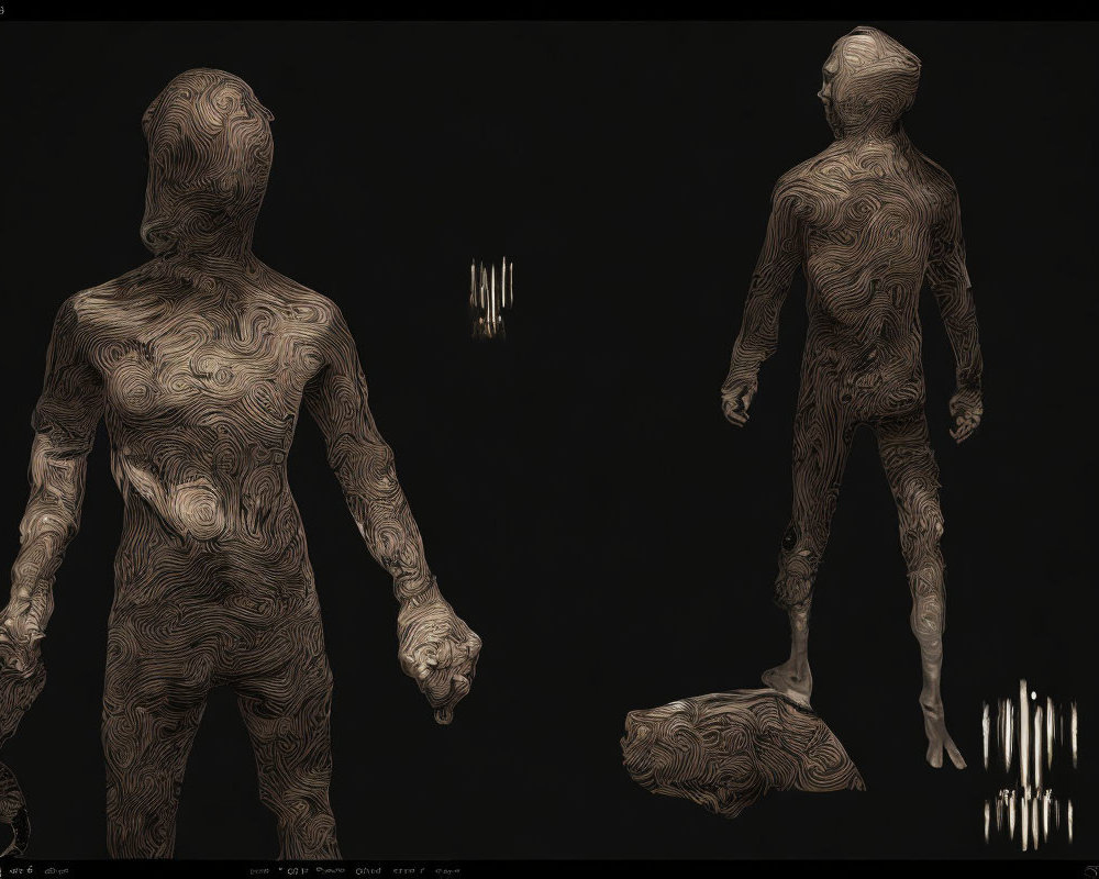 3D humanoid figure with organic patterns in various poses and views