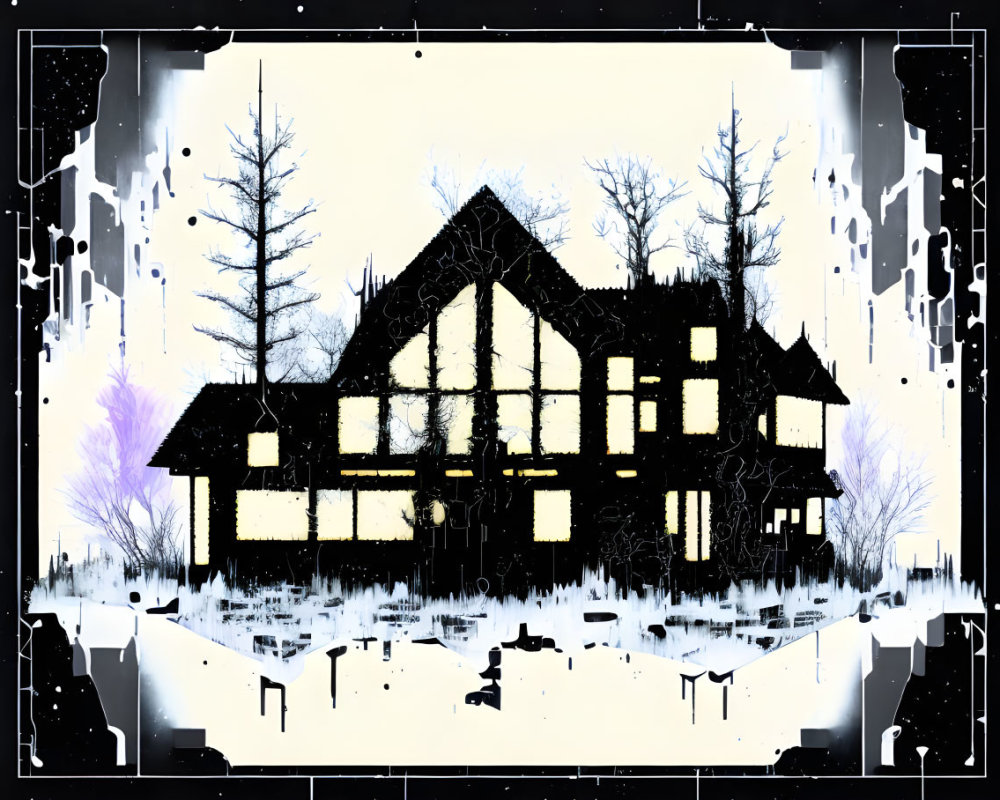 Stylized black and white winter scene with glowing house and snowflakes