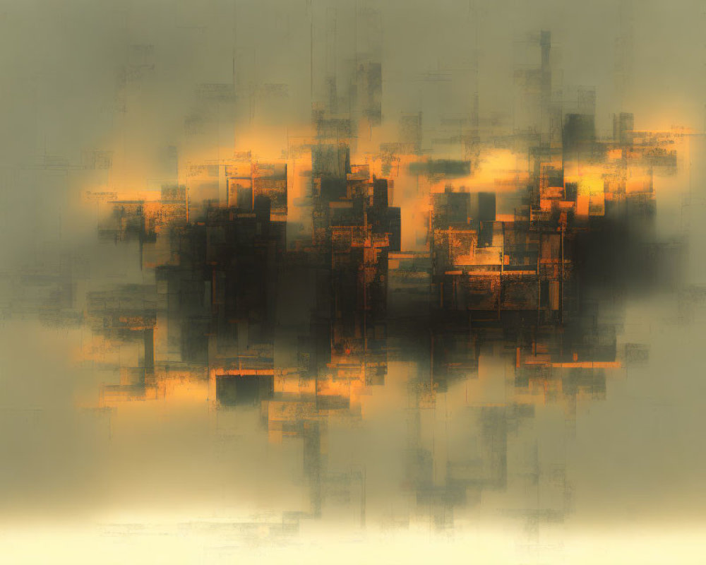 Rectangular shapes cluster with warm glow in abstract digital art.