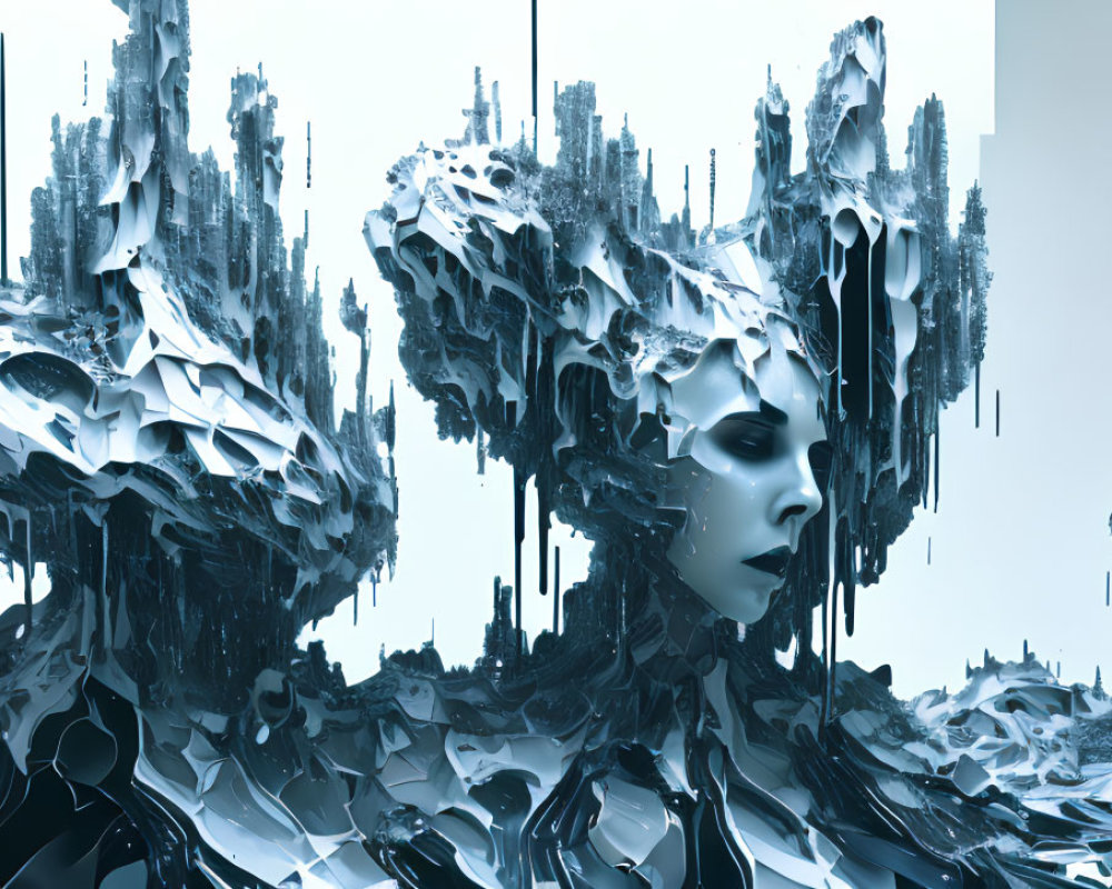 Digital artwork: Woman's face merged with icy landscape