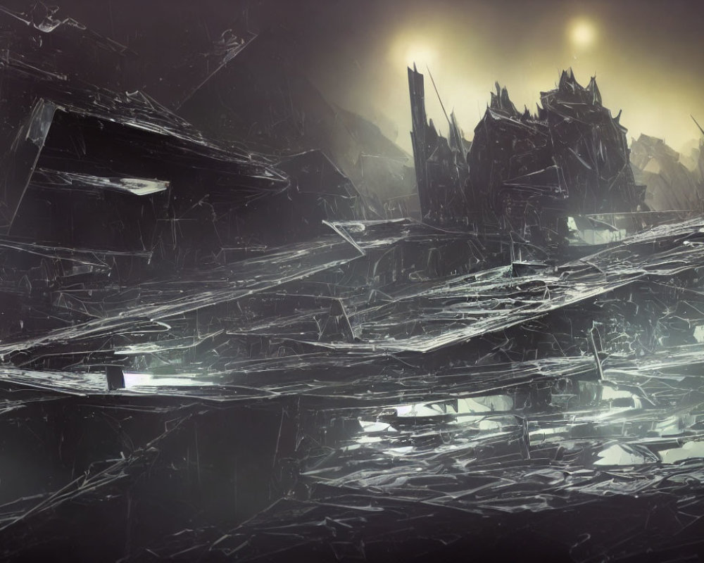 Dystopian landscape with shattered structures on dark, glassy surface