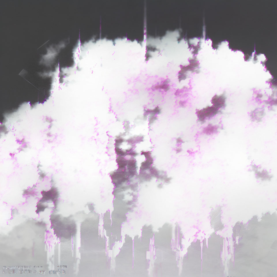 Abstract image with central white cloud-like form and pink accents, overlaid with digital glitch effects.