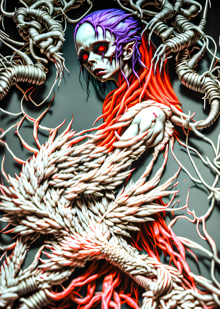 Figure with Red Hair and Half-Skull Face Entwined in Ropes on Grey Background