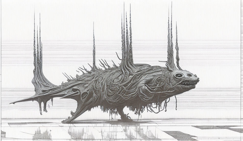 Detailed sketch of surreal fish-like creature with intricate patterns and spikes above reflective surface