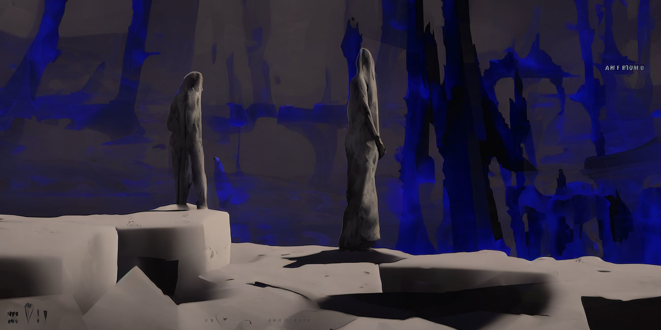 Hooded figures in shadowy landscape with rock formations