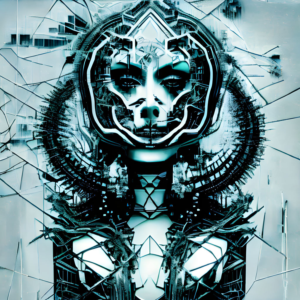 Abstract futuristic portrait with cyborg elements and geometric shapes in monochrome palette