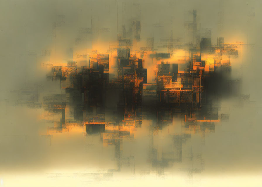 Rectangular shapes cluster with warm glow in abstract digital art.