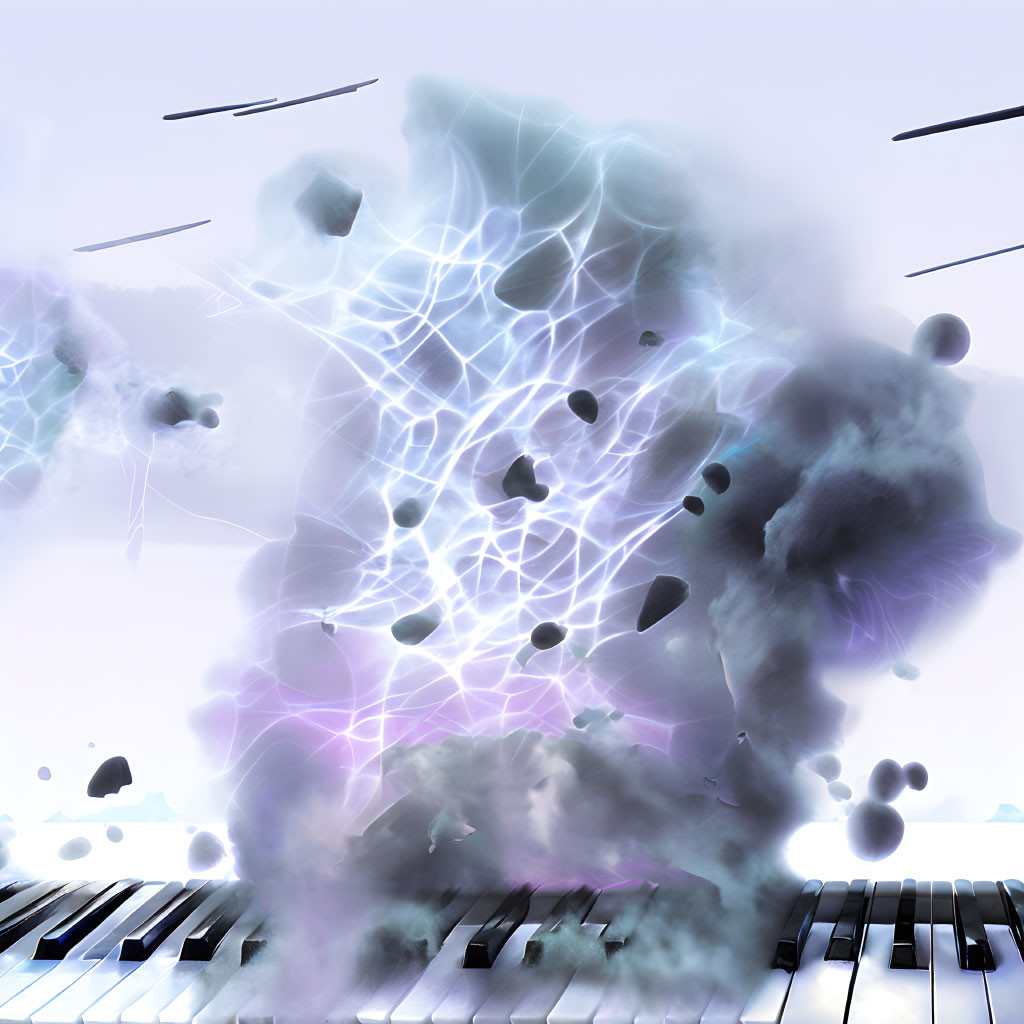 Abstract art featuring piano keyboard and neon colors with smoke texture