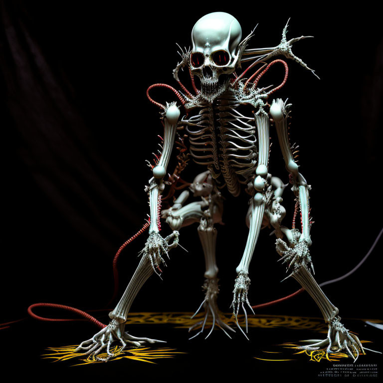 Digital Artwork: Multi-limbed skeletal creature with alien features, red tendrils, and glowing