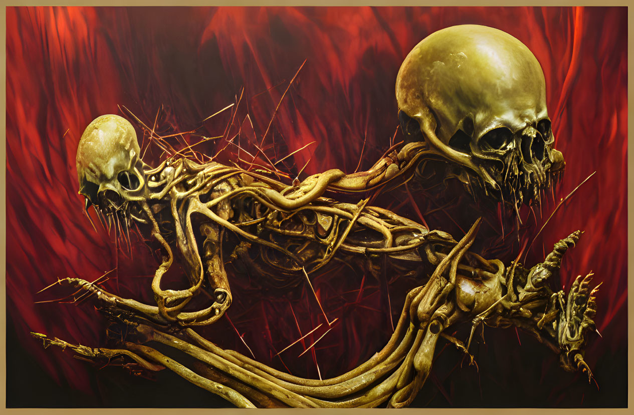 Surreal artwork: Intertwined skeletons and skulls on vivid red background