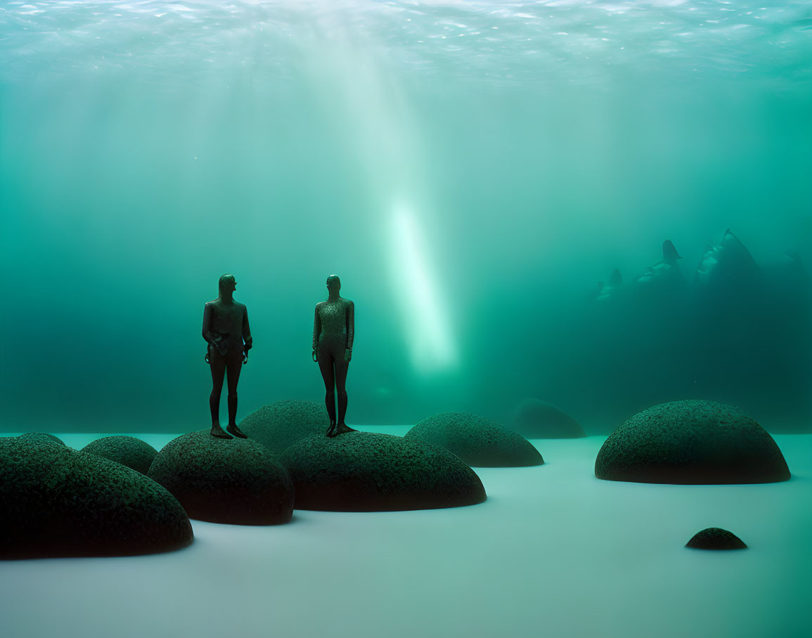 Underwater Scene: Two People on Rounded Rocks with Sunlight Rays