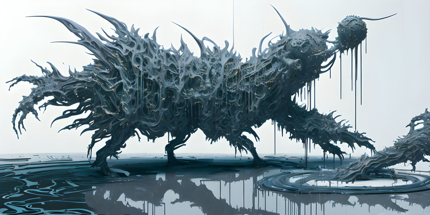 Surreal metallic creature with spikes in reflective blue landscape