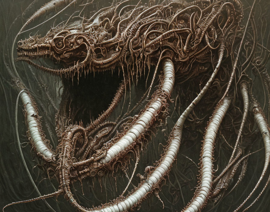 Detailed artwork of monstrous reptilian creature with worm-like appendages on dark backdrop