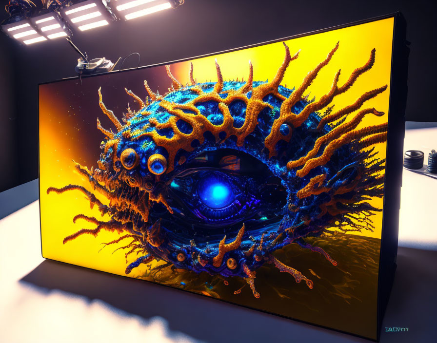 Surreal 3D-rendered image of blue-eyed orange creature emerging from monitor on desk