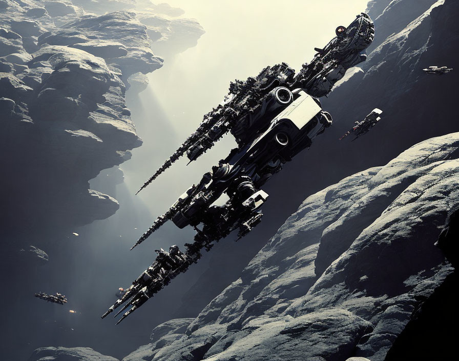 Futuristic spaceships in dense asteroid field.