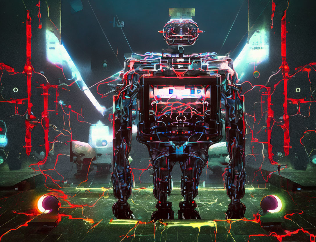 Futuristic robotic figure in cybernetic space with glowing red lines