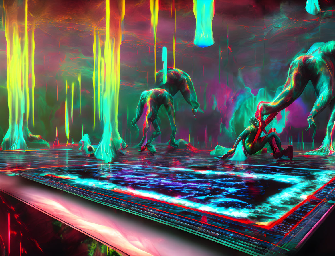 Vibrant surreal alien landscape with humanoid figures