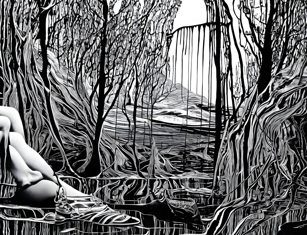 Monochrome stylized art of nude figure in surreal forest