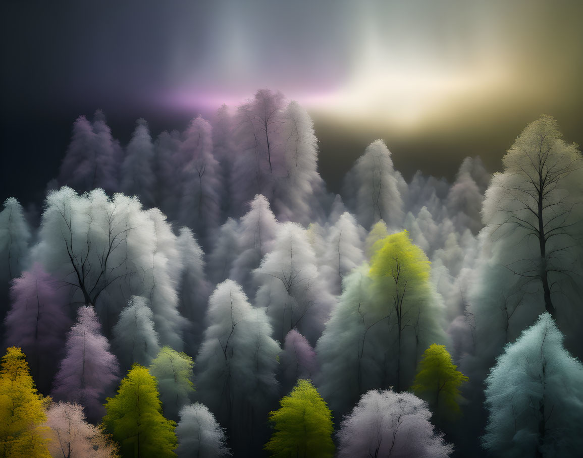 Enigmatic forest scene with fog-covered trees and diverse foliage under dramatic sky