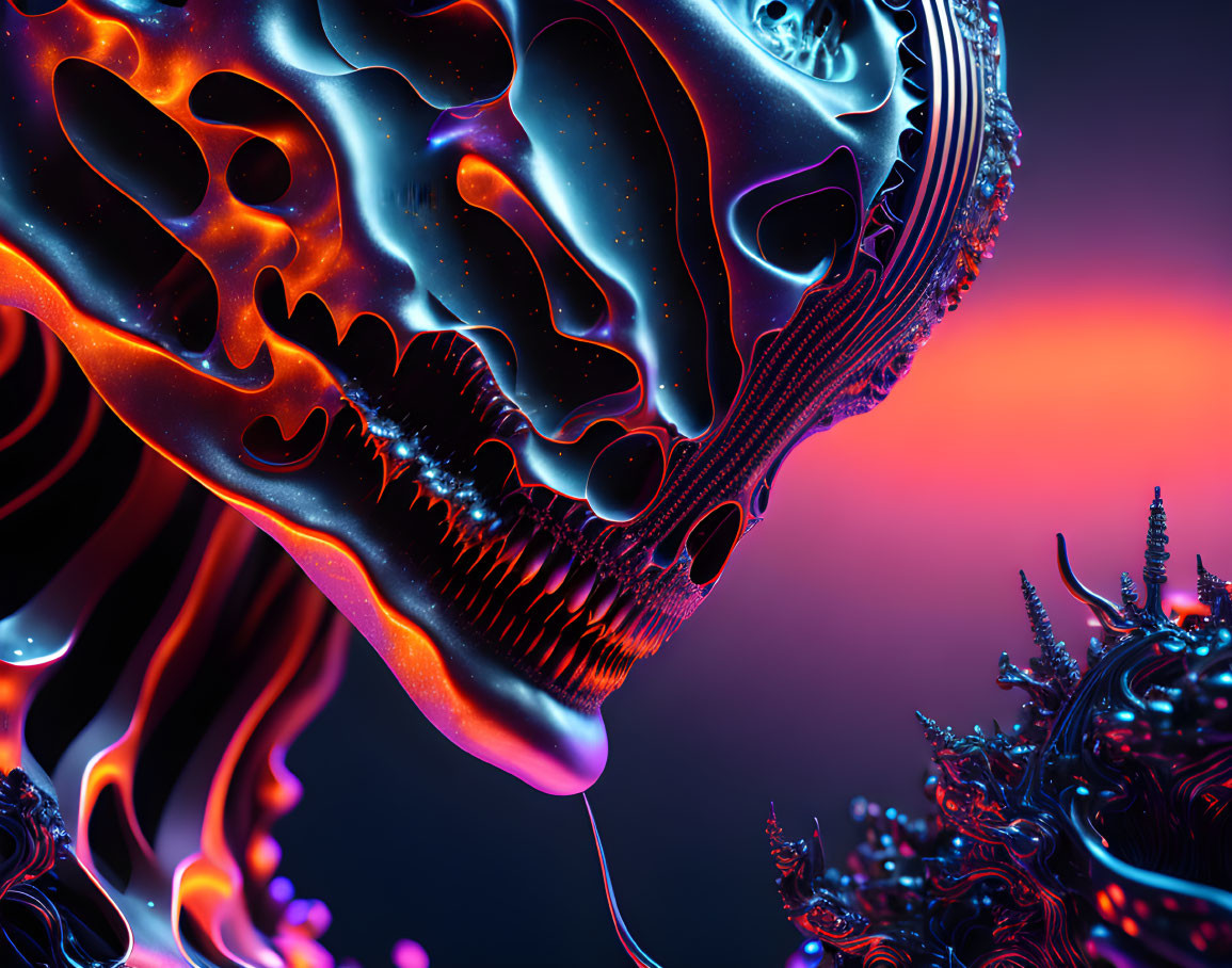 Detailed 3D render of Alien Xenomorph head with neon blue and orange lighting