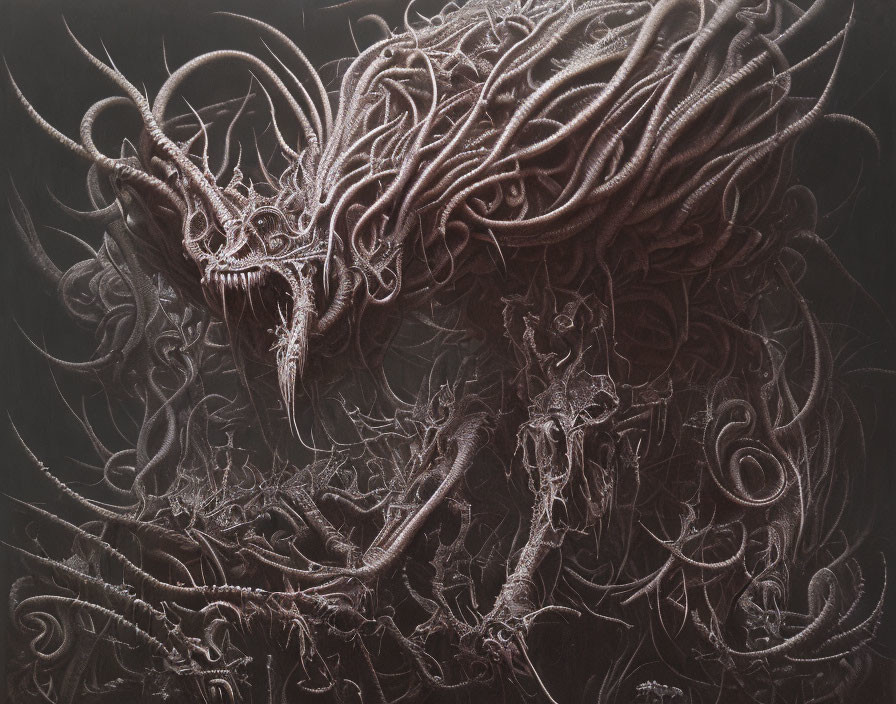 Detailed monochromatic dragon artwork with twisting horns and intricate scaling.